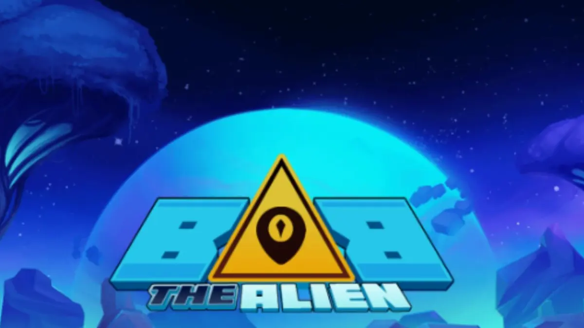 Tampilan visual neon-noir futuristik dari slot Bob The Alien dengan simbol alien dan efek glitch.