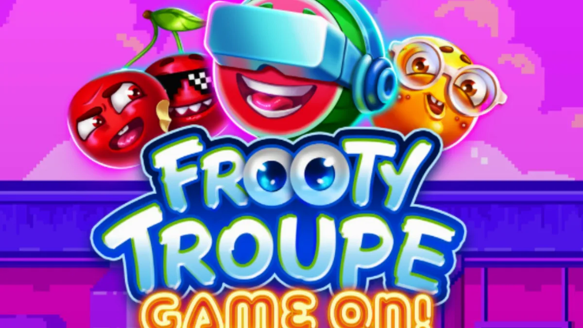 Tampilan visual retro slot Frooty Troupe dengan simbol buah-buahan pixel art.