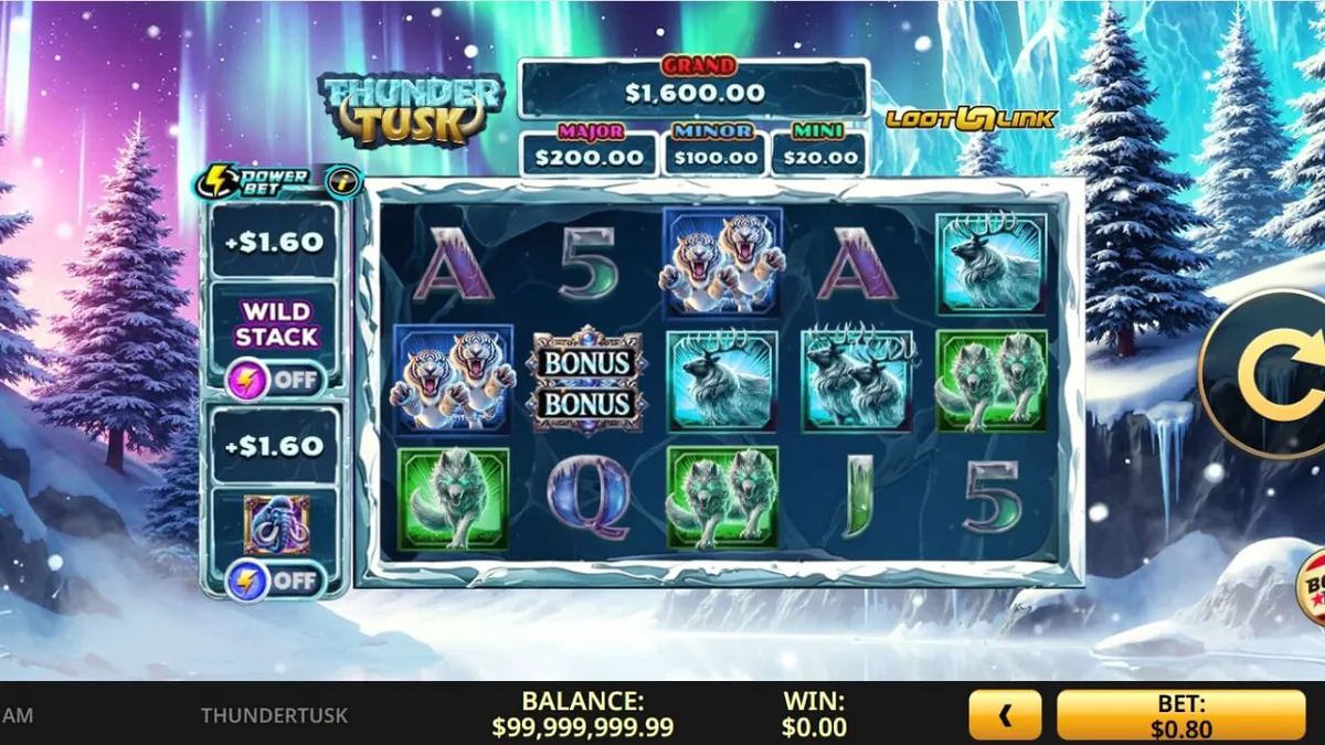 Tampilan visual slot Thunder Tusk dengan tema prasejarah dan mammoth.